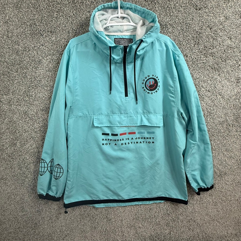Brooklyn Cloth Turquoise Happiness Is A Journey Windbreaker Pullover Mens XL
